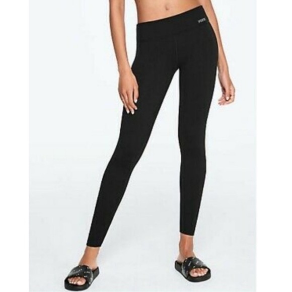 Victoria’s Secret Pink Ultimate Yoga Leggings Black Active Gray Logo Large FLAWS - Picture 2 of 13